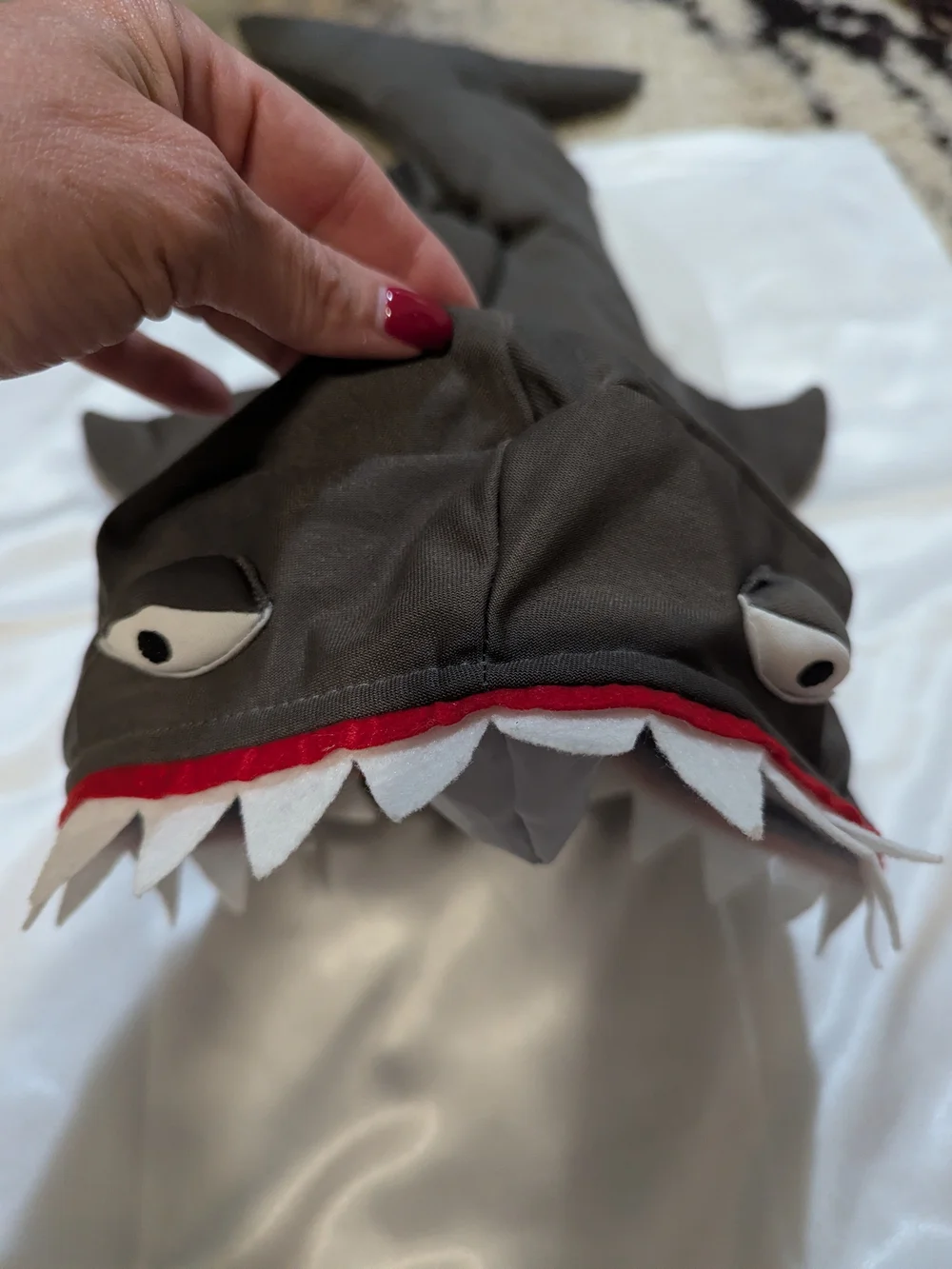 Gray Shark Plush Costume Hood with Red Trim For Dogs large